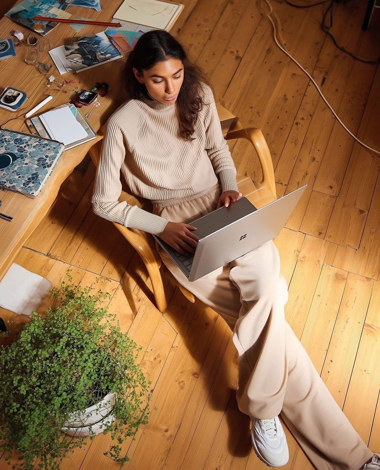 Writer working on the floor surrounded by pages